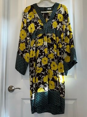 BELA stunning 100% silk Yellow Floral Empire Waist Dress kimono sleeves S GREAT